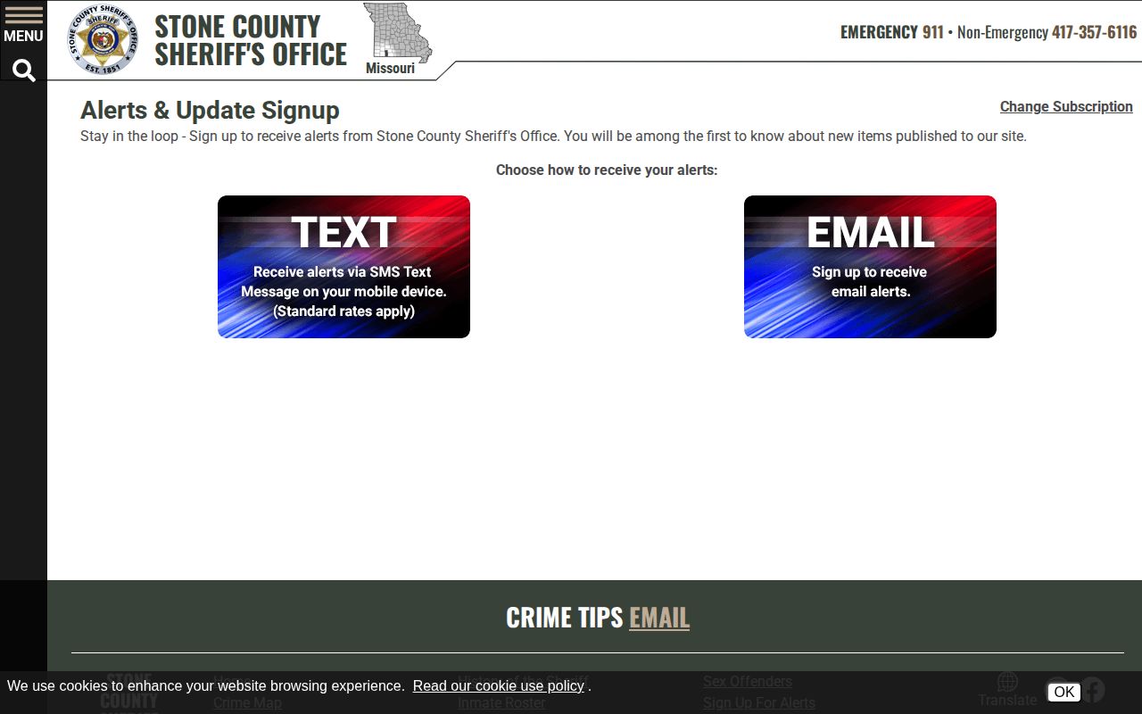 Stone County Sheriff official SMS and email alert signup page