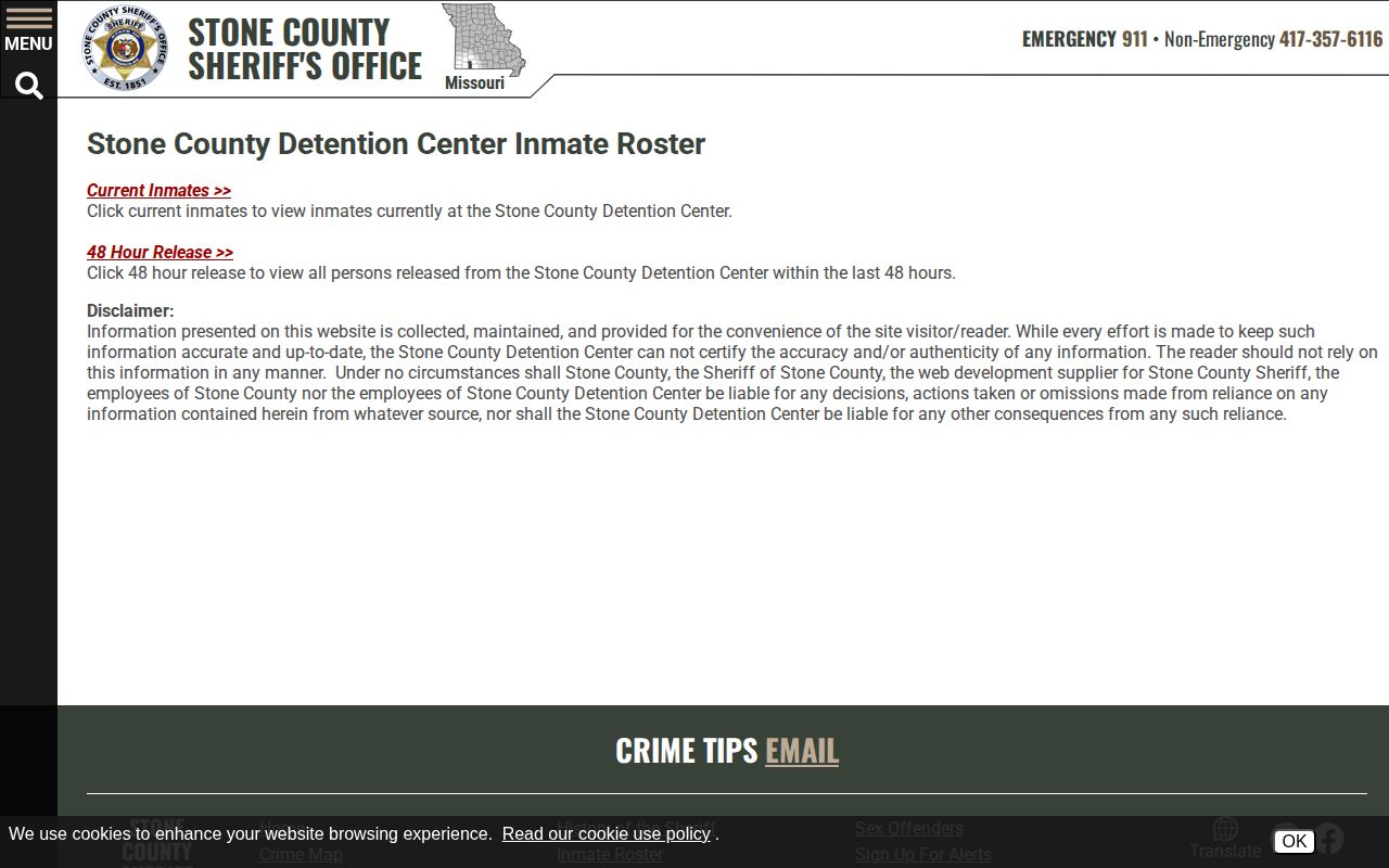 Stone County Sheriff roster chooser for current inmates and recent releases