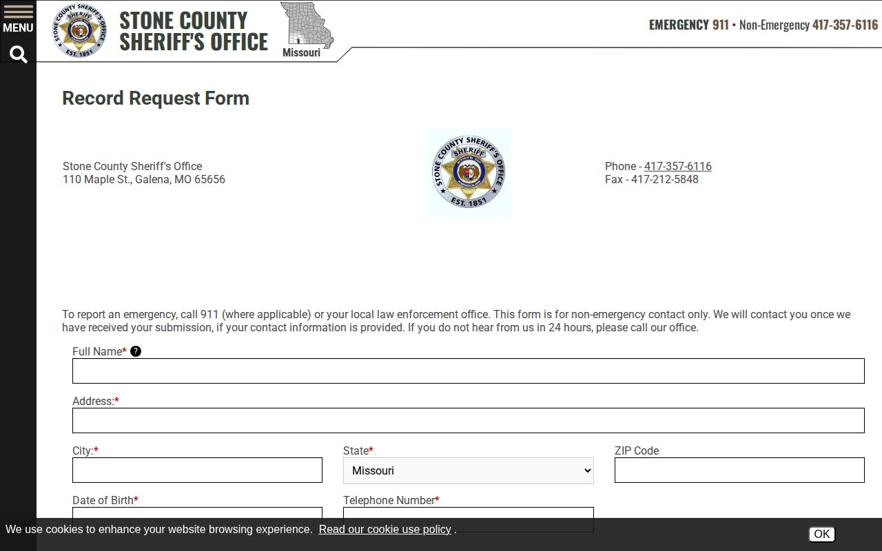 Stone County Sheriff official online record request form