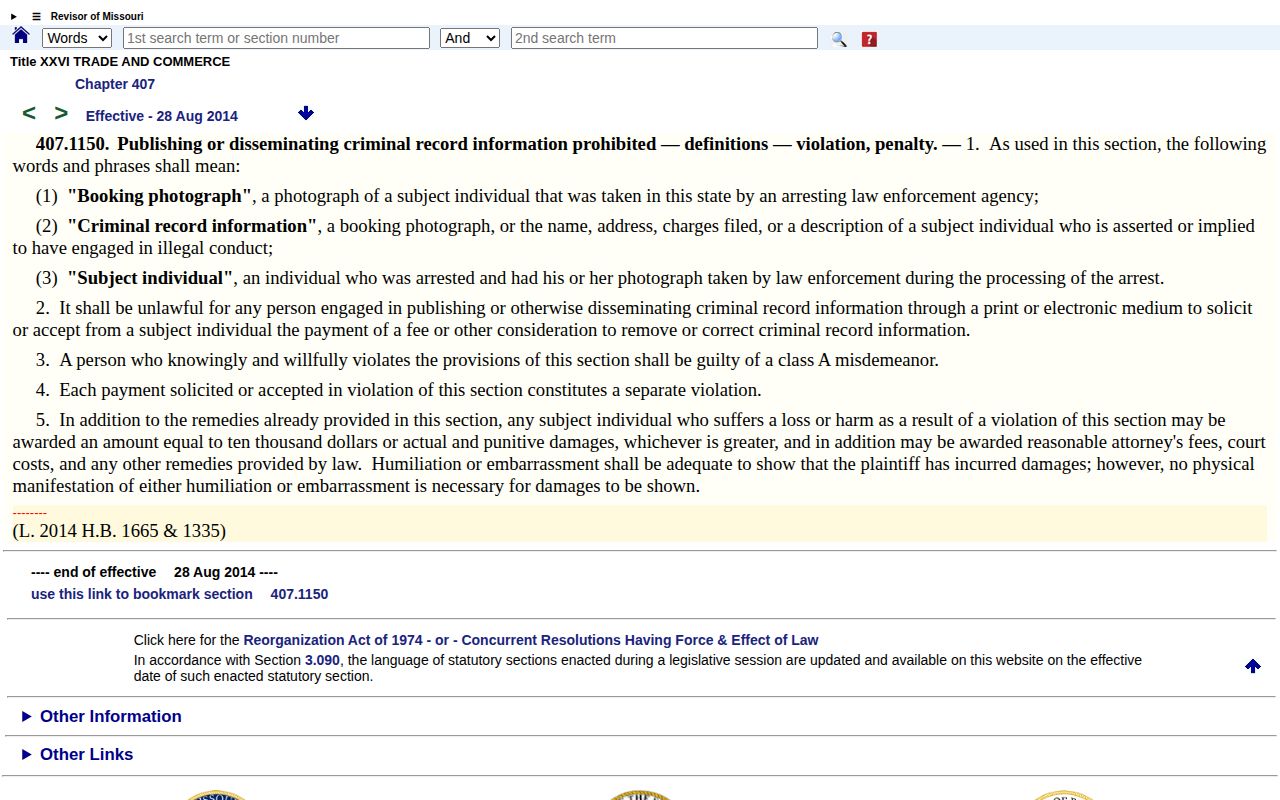 Official Missouri statute prohibiting payment for criminal-record removal or correction