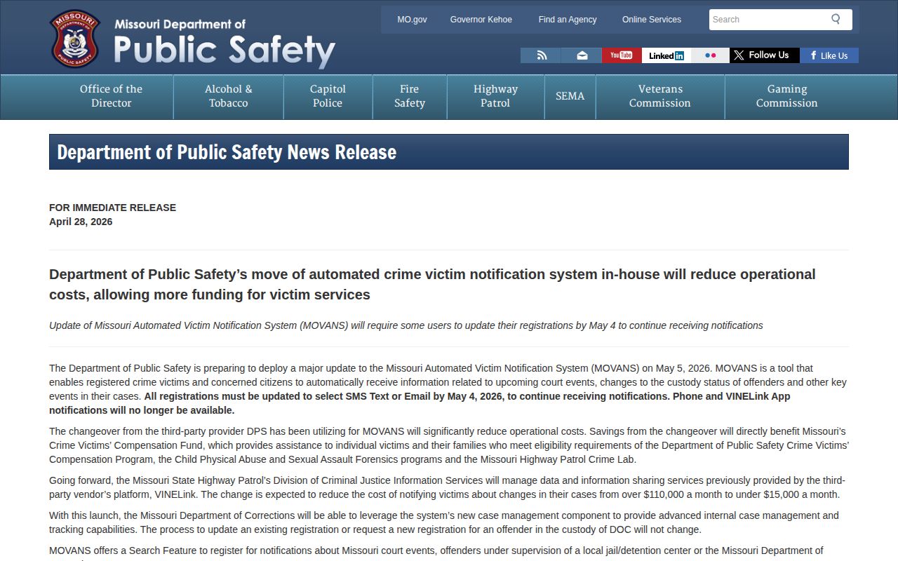 Missouri DPS notice about MOVANS notification changes in May 2026